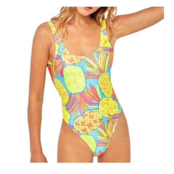 Chubbies Pinas Bathing Suit Neon Yellow Pineapple Print XLarge One Piece - Picture 2 of 8